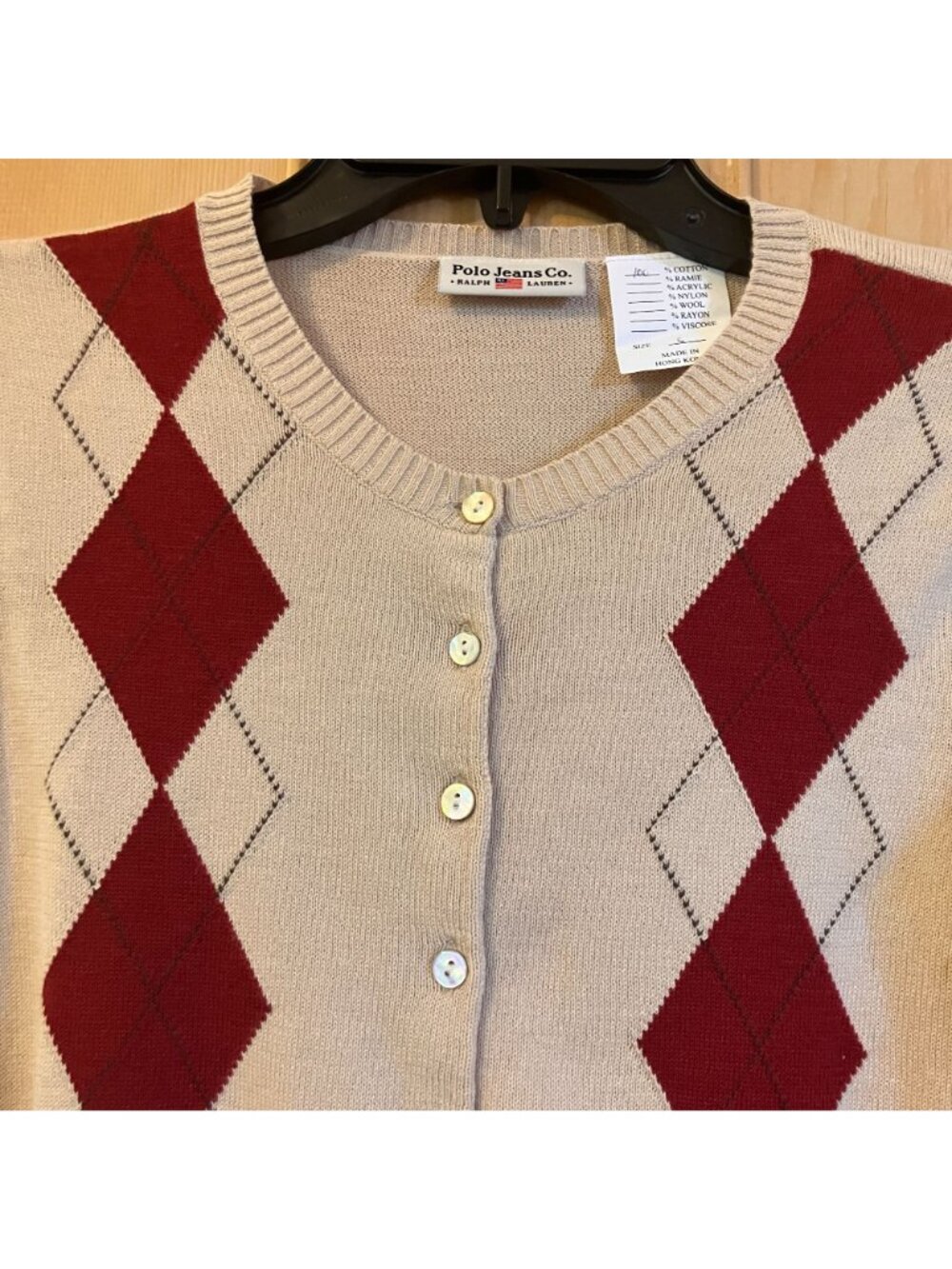 Ralph Lauren Polo Womens Vintage 90s Argyle Cardigan Sweater Small Beige FA NWOT - Picture 4 of 12